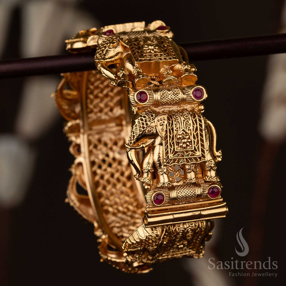 Traditional Bridal Antique Gold Plated Temple Kada Bangles with Elephant Motifs and Synthetic Stones