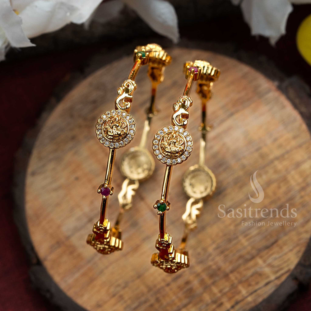 Majestic multi-toned micro gold plated traditional Lakshmi bangles pair, adorned with glittering American diamond stonework, perfect for grand occasions - Sasitrends