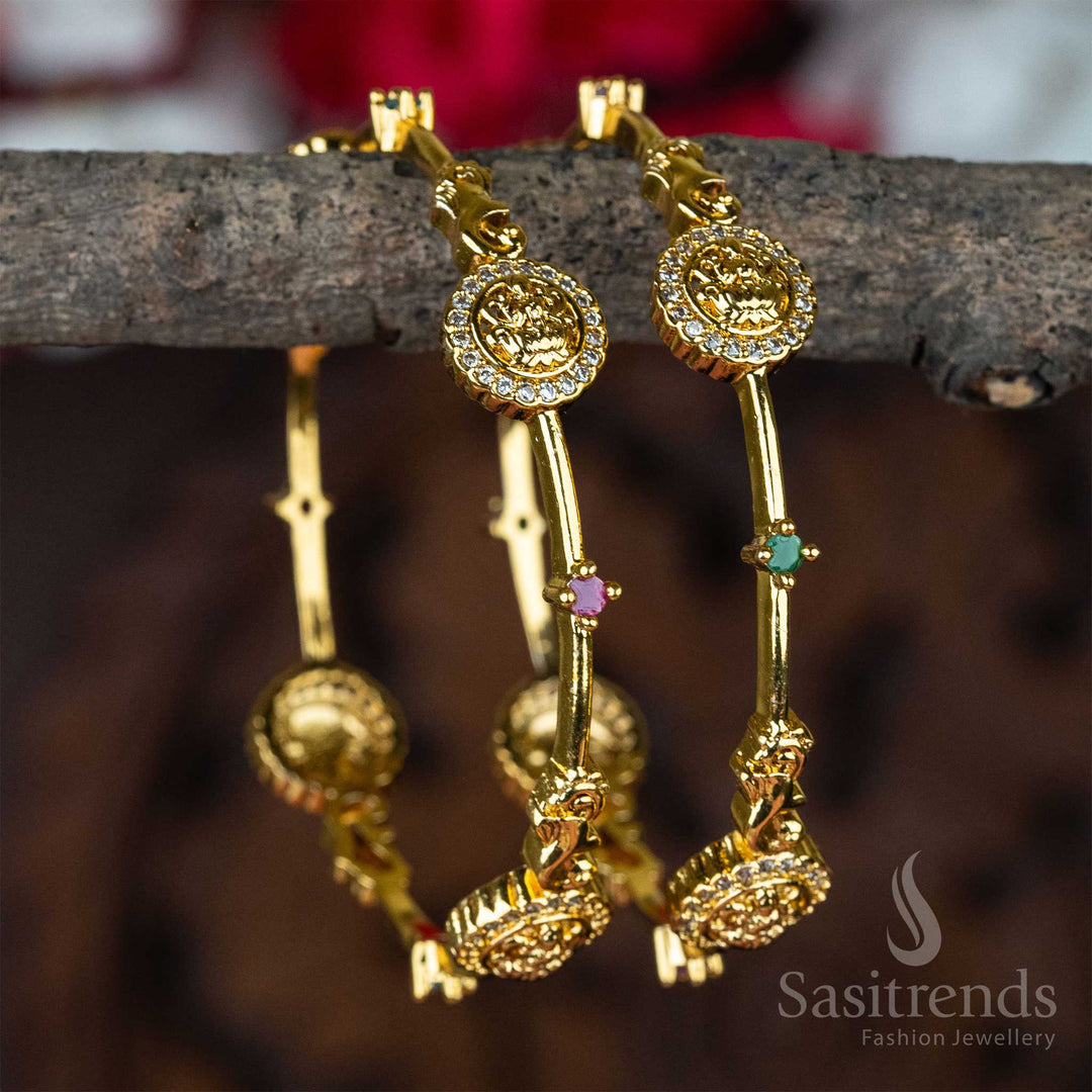 Grand multi-toned traditional Lakshmi motif bangles pair with micro gold plating, featuring sparkling diamond highlights - Sasitrends