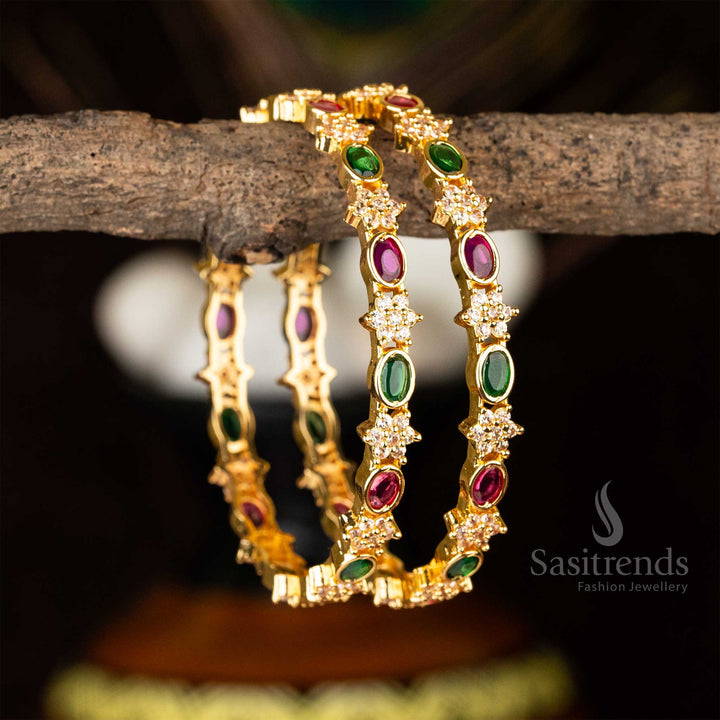 Stunning multi-color traditional floral pattern bangles pair with micro gold plating and sparkling American diamonds - Sasitrends