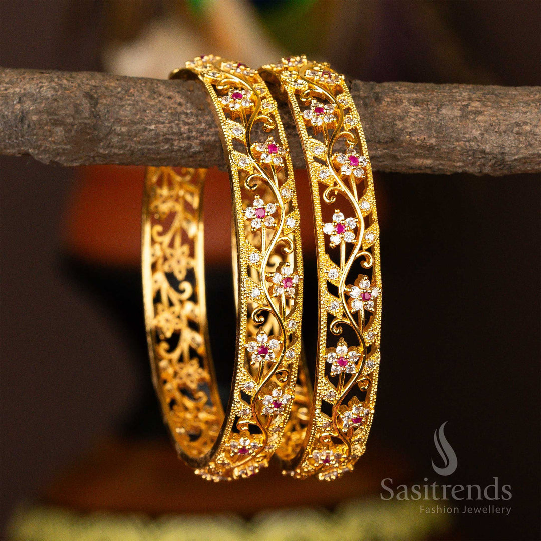 Attractive Traditional Micro Gold Plated Star Flower Leaf White Ruby AD Stone Studded Bangles Sasitrends