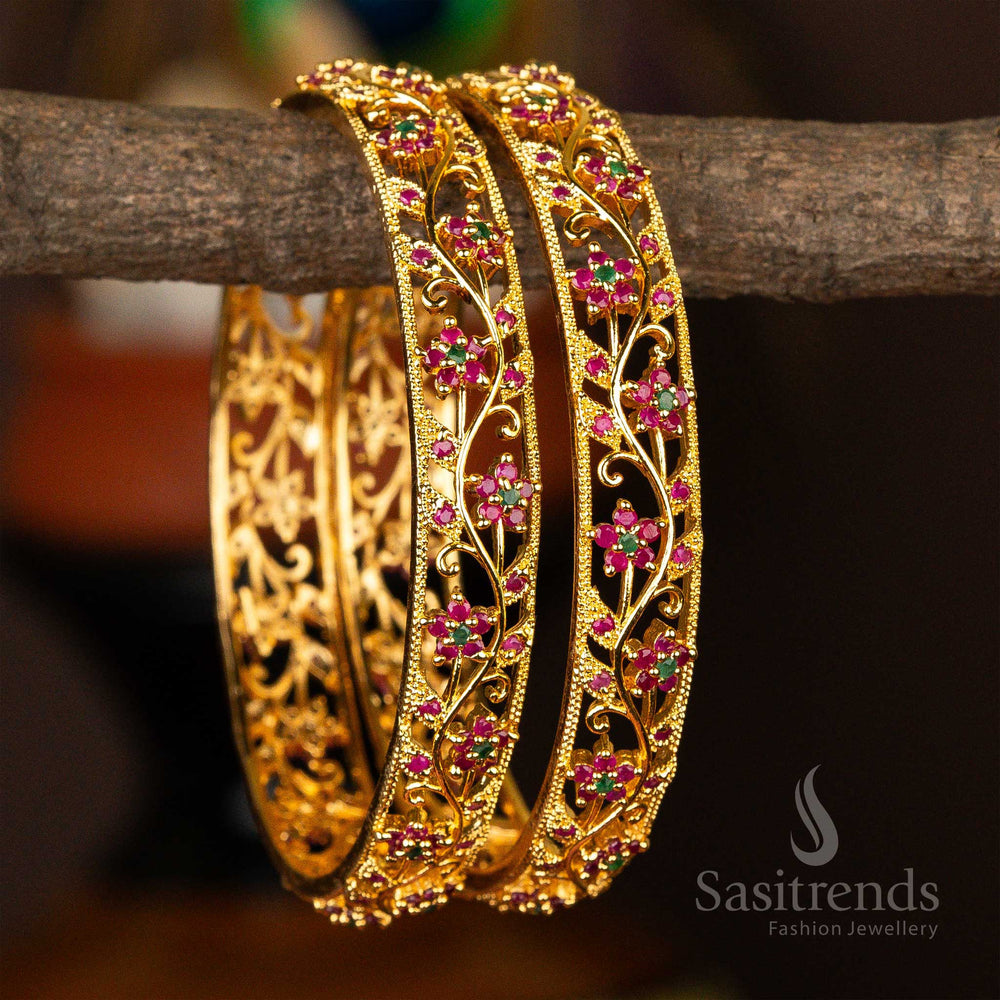 Traditional Elegance Micro Gold Plated Star Flower Leaf Bangles Ruby Green AD Stone  - Sasitrends