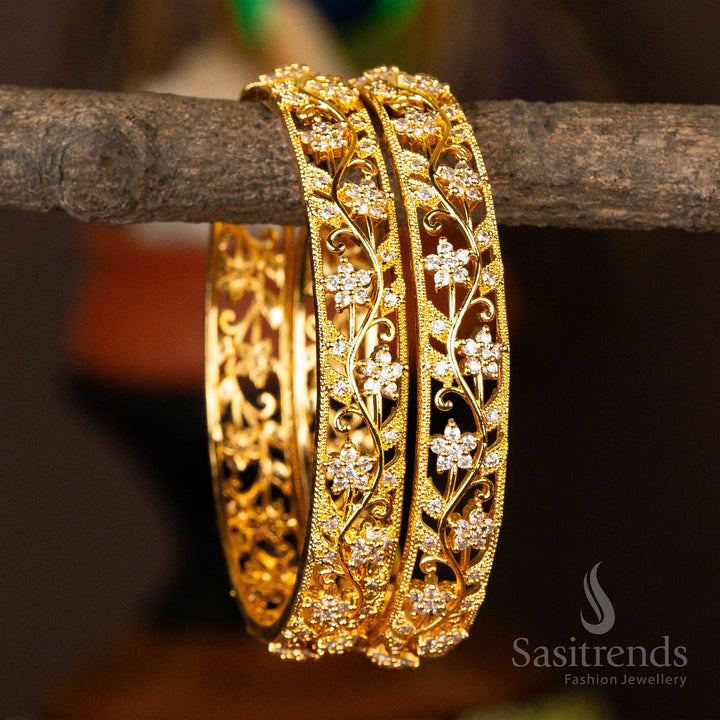 Traditional Wear Micro Gold Plated Star Flower Leaf White Ad Stone Bangles Online Shopping - Sasitrends