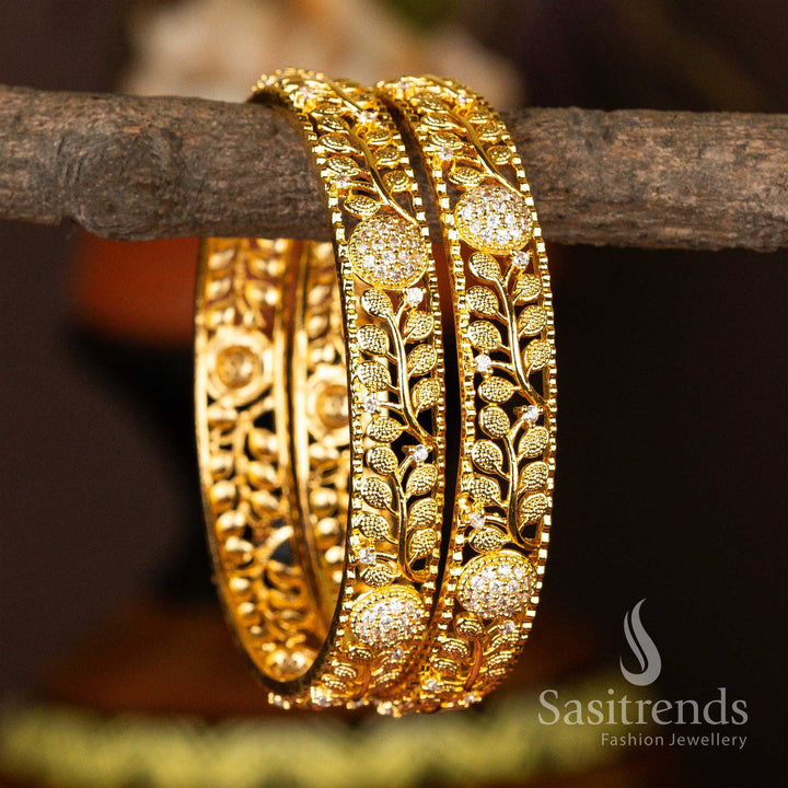Traditional micro gold plated white American diamond stones bangles with leaf centre ball detailing for festive elegance jewellery – Sasitrends