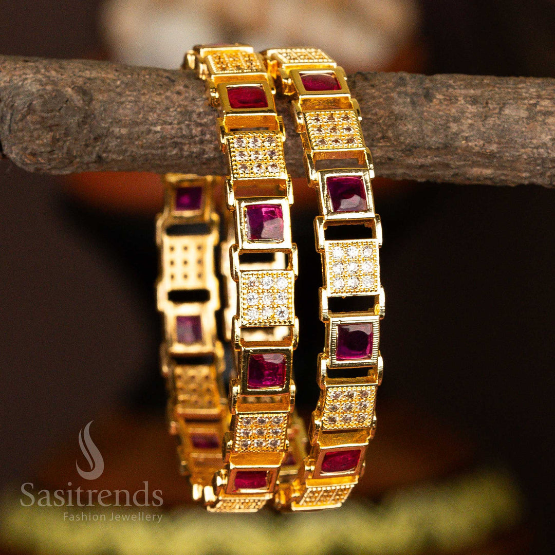 Guaranteed Micro Gold Plated Square Shaped White Ruby AD Stone Bangles
