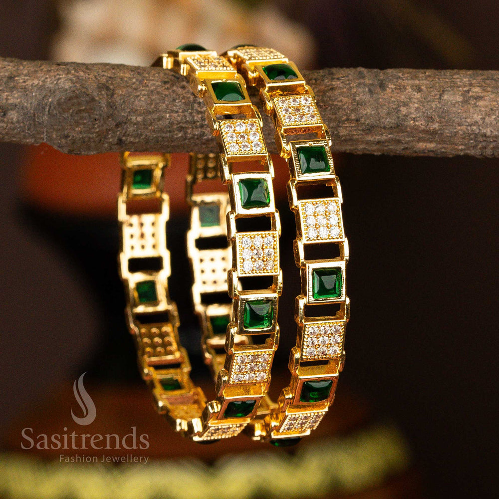 Traditional Micro Gold Plated Square Shaped White Green AD Stone Studded Bangles Sasitrends Online Shopping