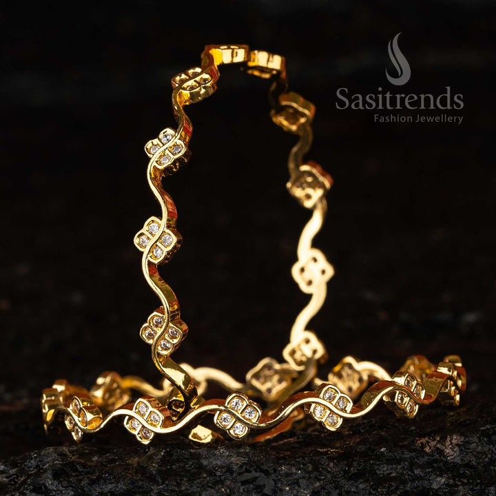 Elegant Traditional Micro Gold Plated Triangular Flower Bangles Set with American Diamond Stones - Sasitrends