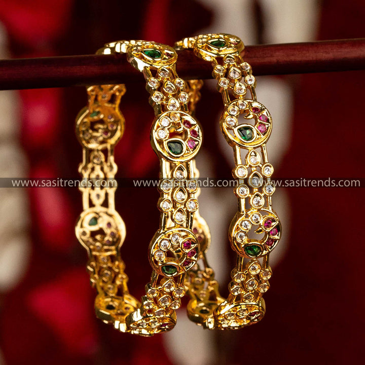 Elegant Peacock-Inspired Micro Gold-Plated American Diamond Bangles for Traditional Celebrations