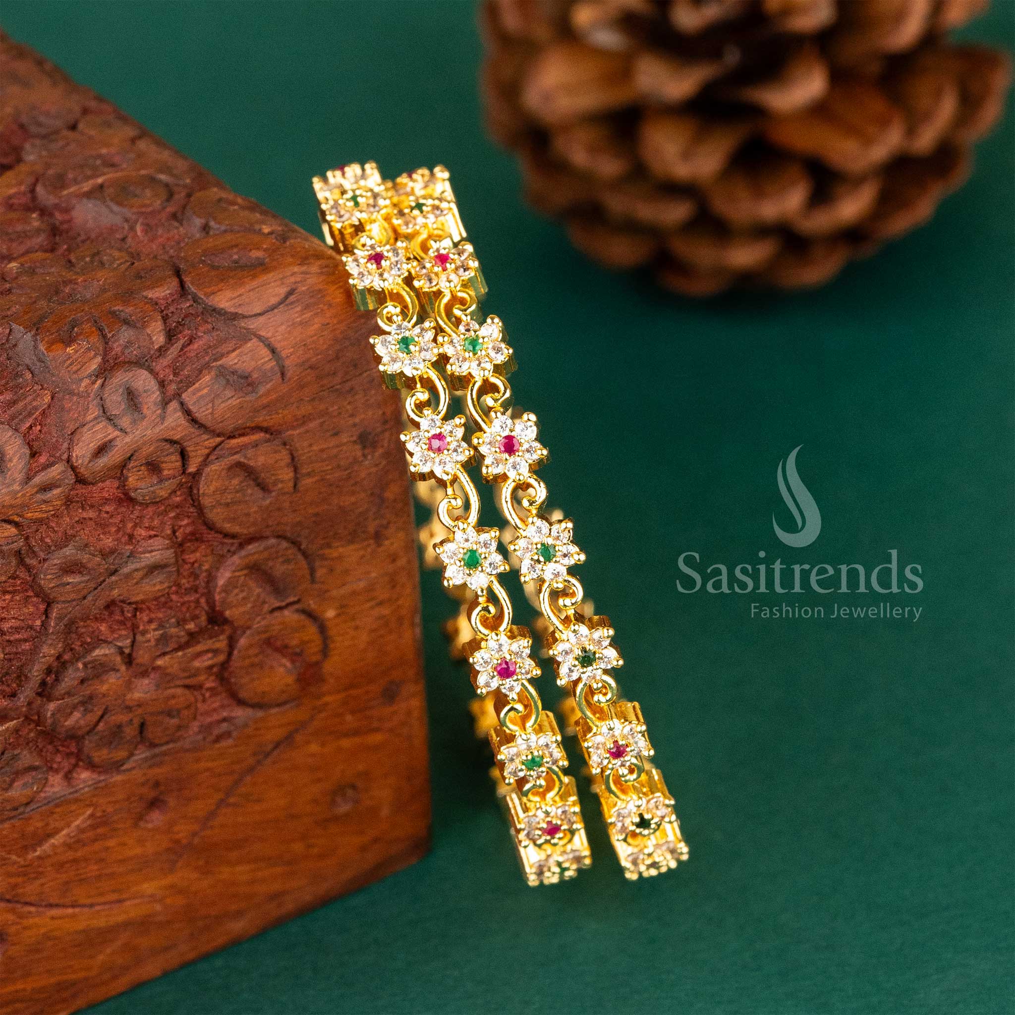 Gold-Plated Star-Shaped American Diamond Bangles with Emerald and Ruby Accents  - Sasitrends