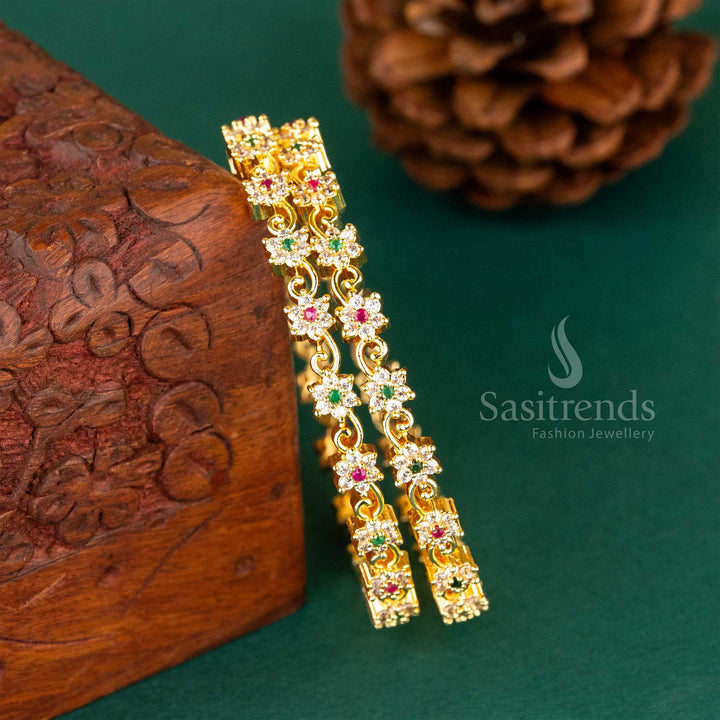 Gold-Plated Star-Shaped American Diamond Bangles with Emerald and Ruby Accents  - Sasitrends