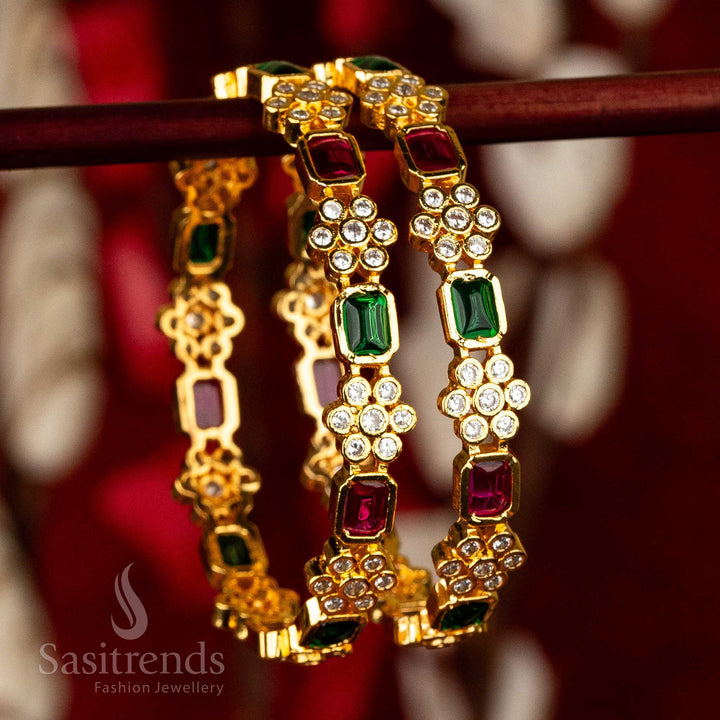 Traditional Micro Gold Finished Flower and Rectangular Pattern American Diamond Stone Studded  Bangles for Women - Latest Festival Collection - Sasitrends