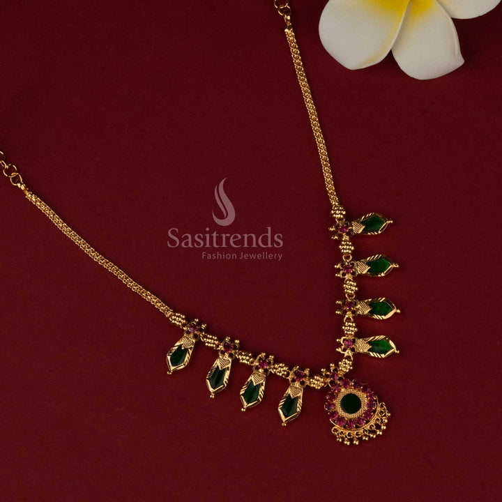 One Gram Micro Gold Plated Traditional Green Palakka Nagapadam Necklace with Intricate Design - Sasitrends