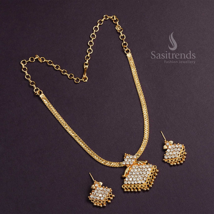 Stunning exquisite Kerala style micro gold plated white floral pendant divine necklace set with earrings, featuring a traditional aura and classic appeal - Sasitrends