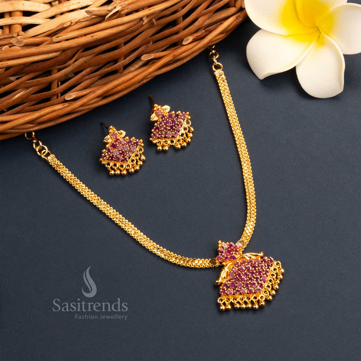 Stunning majestic Kerala style micro gold plated ruby floral pendant bridal necklace set with earrings, designed with an elegant finish and intricate craftsmanship - Sasitrends