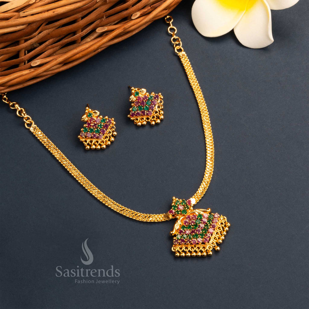 Elegant regal Kerala style micro gold plated ruby-green floral pendant ethnic necklace set with earrings, featuring a classic design and rich traditional detailing - Sasitrends
