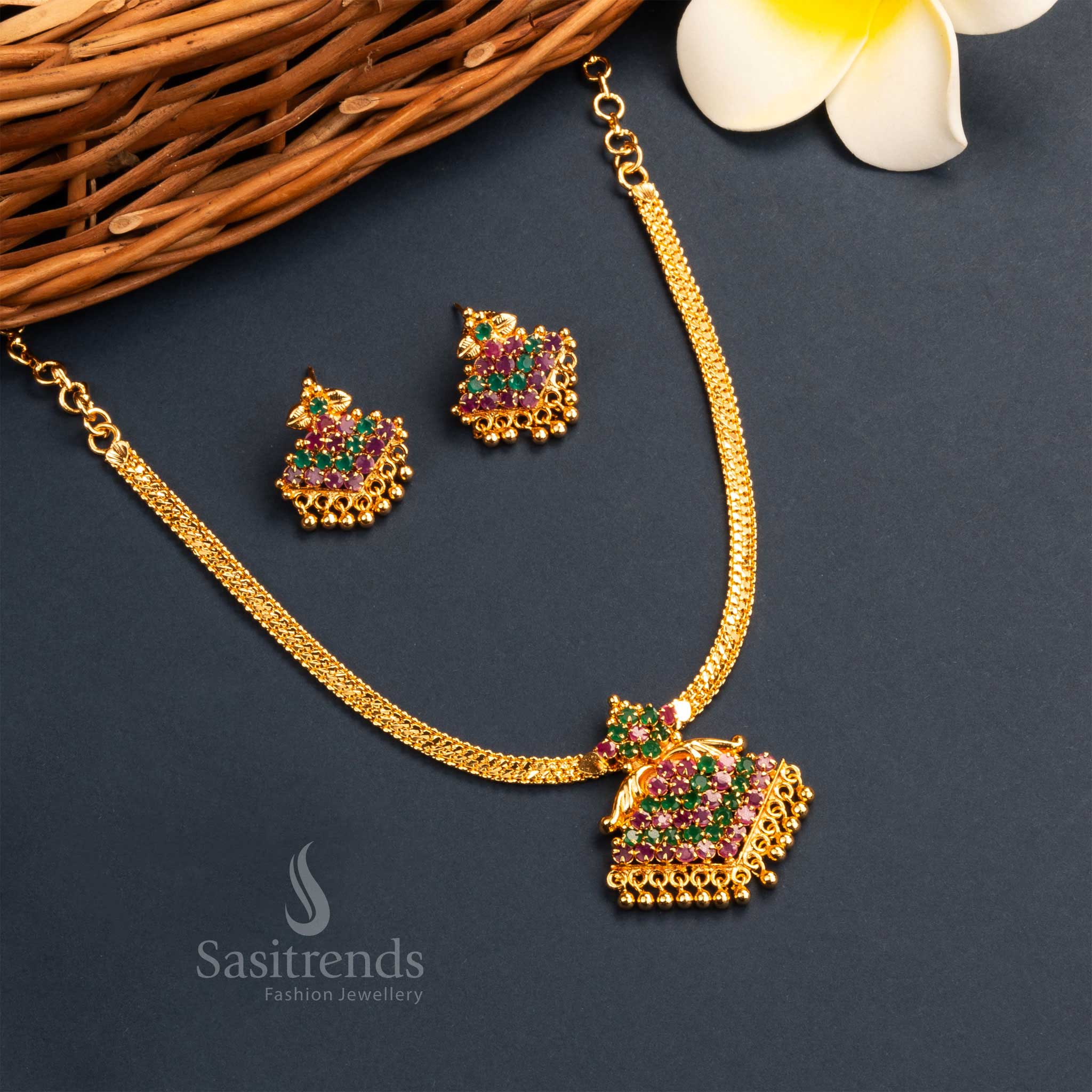Elegant regal Kerala style micro gold plated ruby-green floral pendant ethnic necklace set with earrings, featuring a classic design and rich traditional detailing - Sasitrends