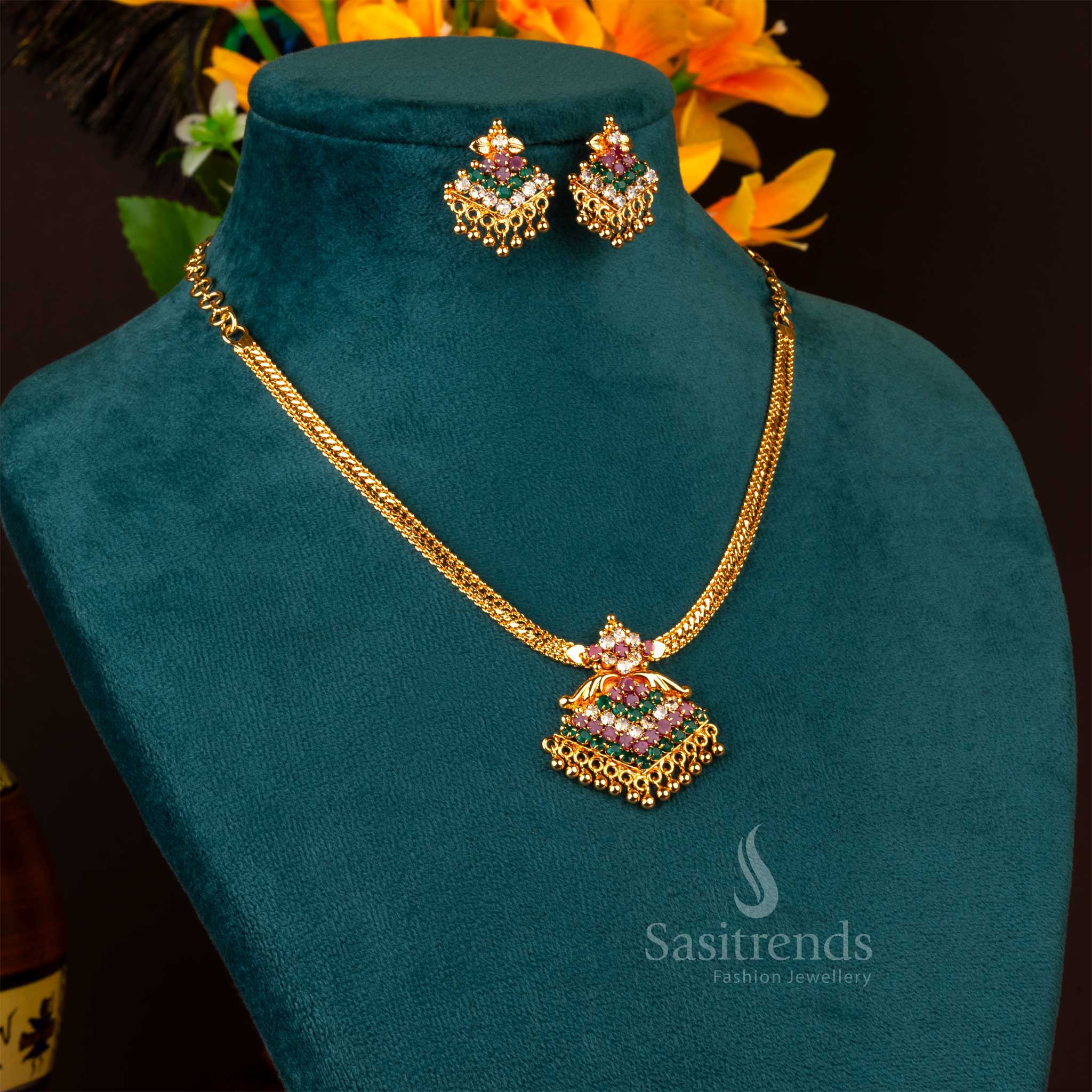 Spectacular grand Kerala style micro gold plated multi-color floral pendant heritage necklace set with earrings, designed with an ornate finish and ethnic beauty - Sasitrends