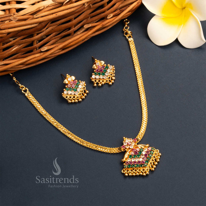  Exquisite opulent Kerala style micro gold plated multi-color floral pendant temple necklace set with earrings, adorned with golden balls - Sasitrends