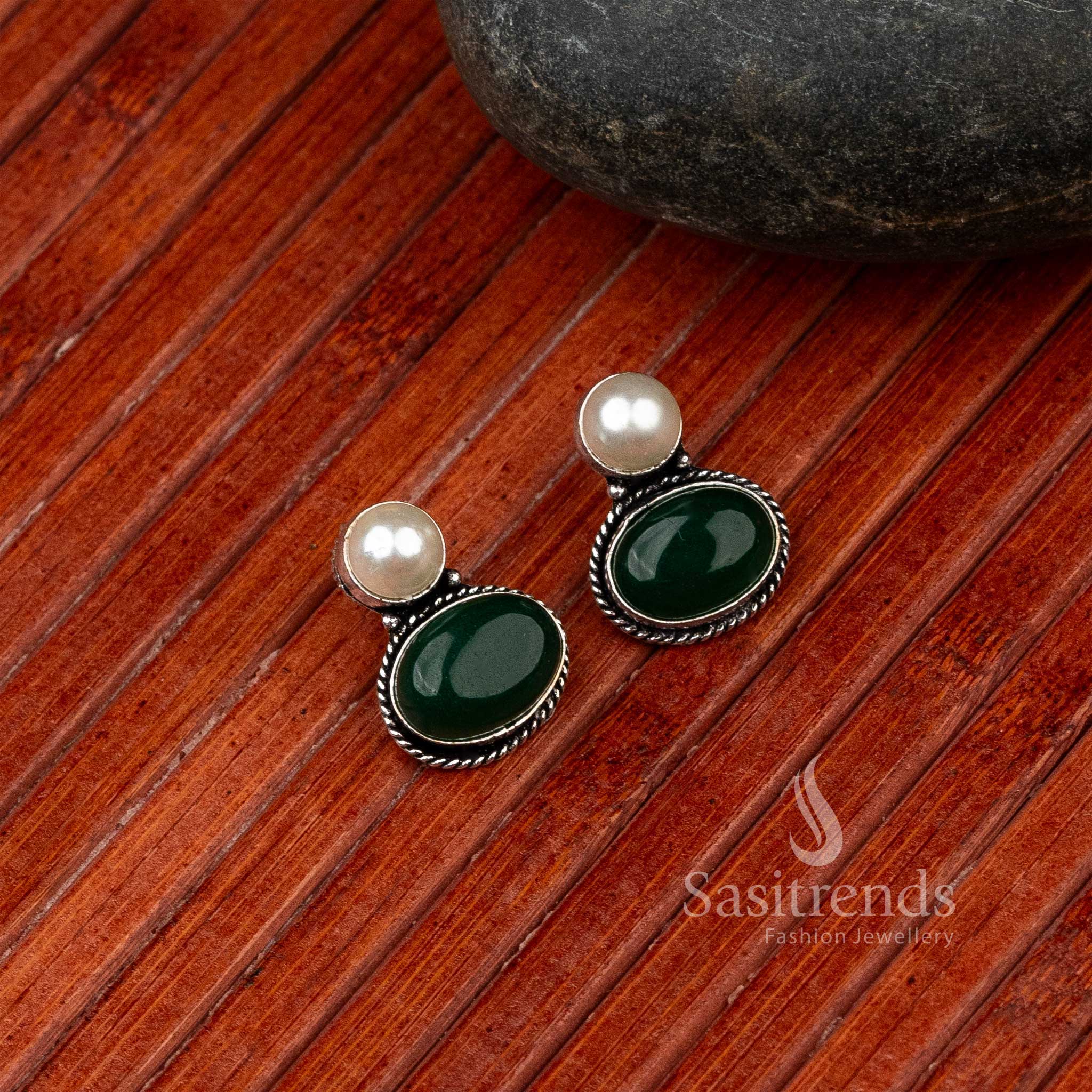 Chic green oval Monalisa stone stud earrings in oxidised German silver – Royal Celebratory Style – Sasitrends