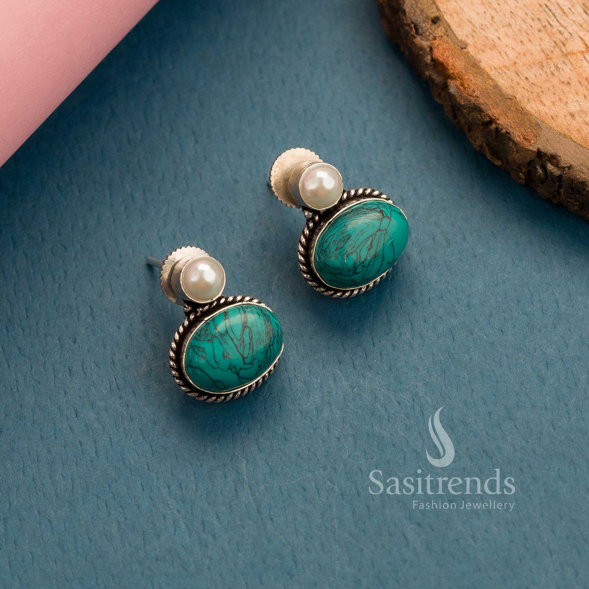 Graceful turquoise oval Monalisa stone stud earrings in oxidised German silver – Opulent Stone Setting – Sasitrends