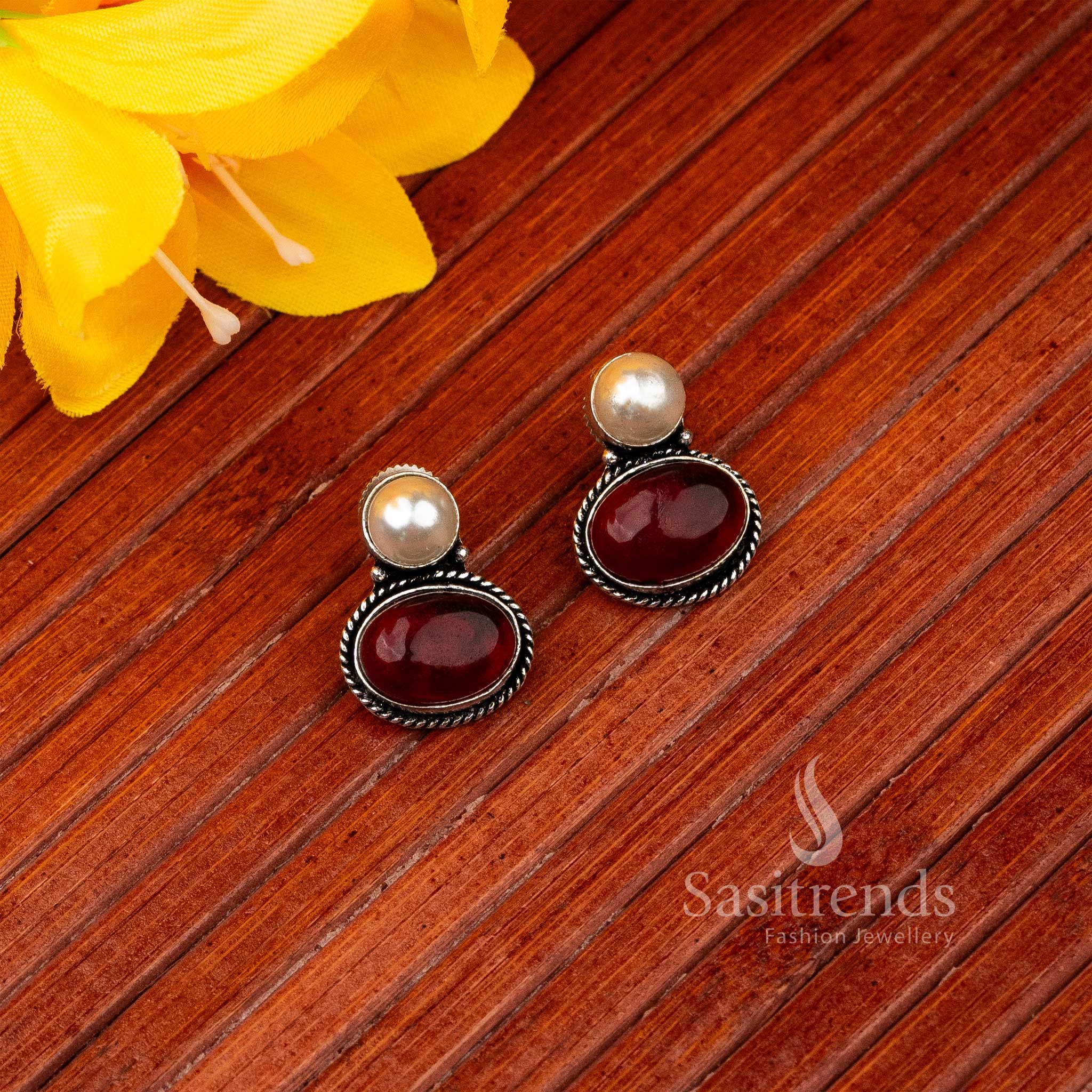 Artisan maroon oval Monalisa stone stud earrings in oxidised German silver – Ornate Temple Look – Sasitrends

