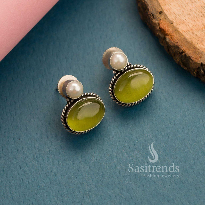 Timeless pear oval Monalisa stone stud earrings in oxidised German silver – Oxidised Brilliance Design – Sasitrends