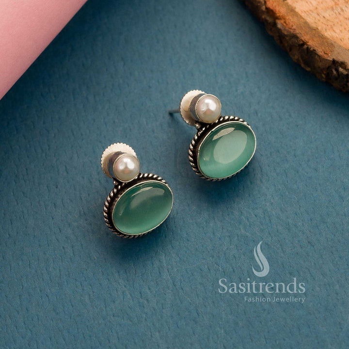 Delicate mint oval Monalisa stone stud earrings in oxidised German silver – Monalisa Elegance Drop – Sasitrends