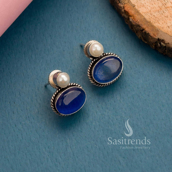 Royal blue oval Monalisa stone stud earrings in oxidised German silver – Royal Celebratory Style – Sasitrends

