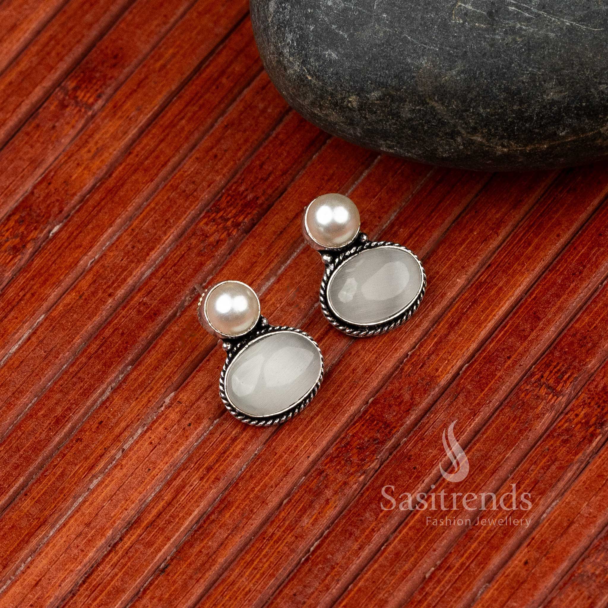 Latest Oval Monalisa Stone Stud Earrings in Oxidized German