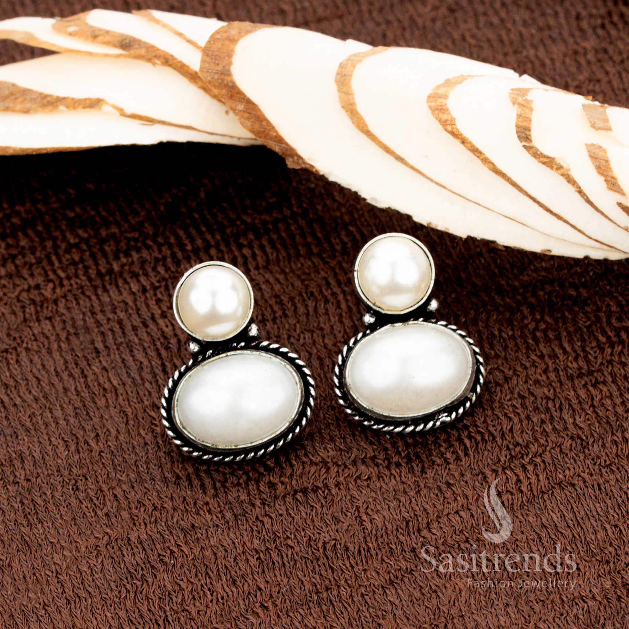 Graceful white oval Monalisa stone stud earrings in oxidised German silver – Pure Ethereal Shine – Sasitrends