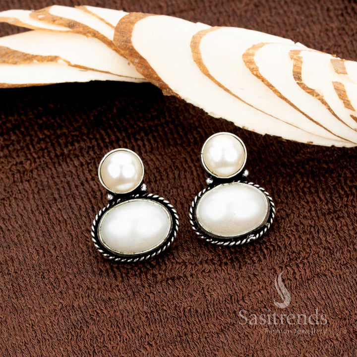 Graceful white oval Monalisa stone stud earrings in oxidised German silver – Pure Ethereal Shine – Sasitrends