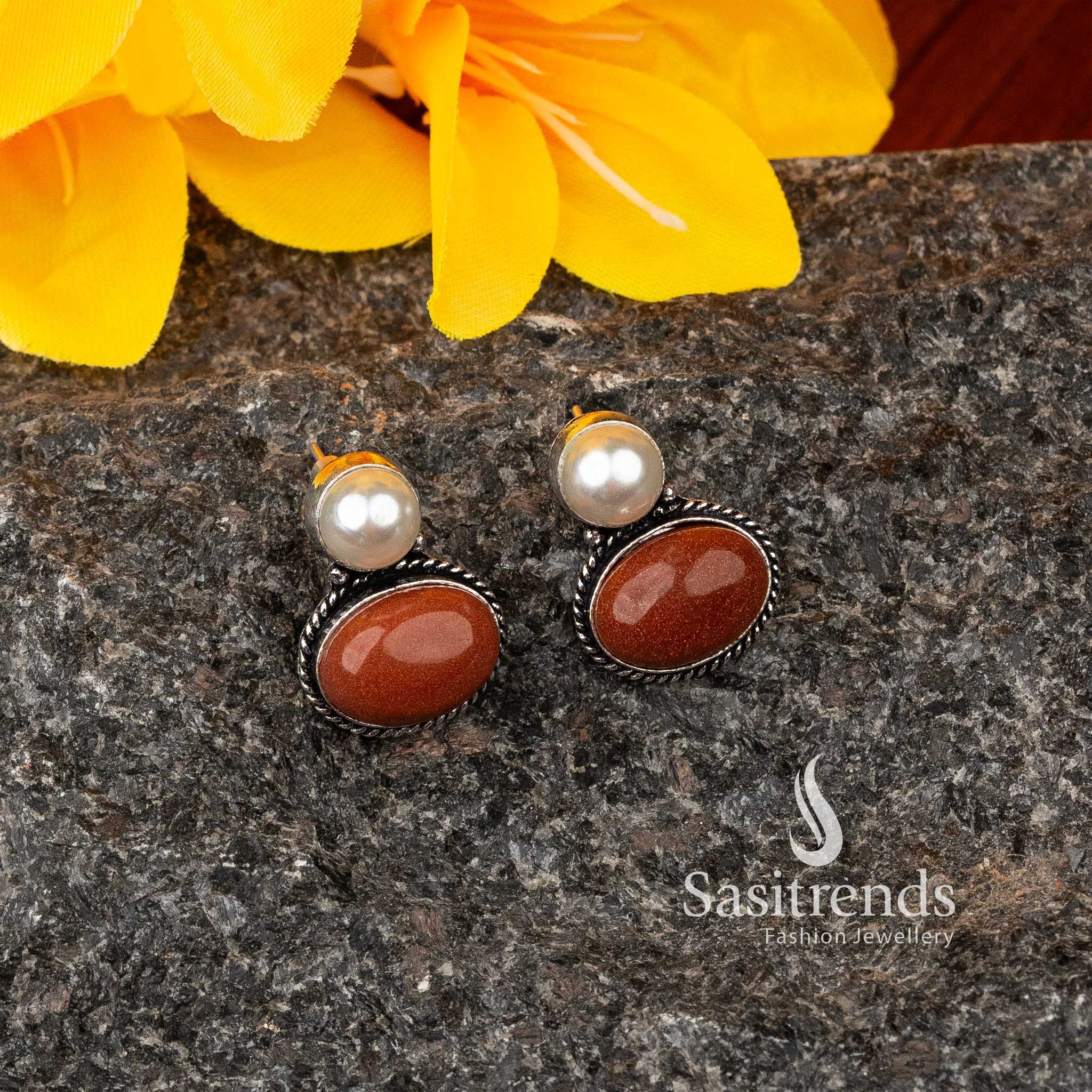 Vintage brown oval Monalisa stone stud earrings in oxidised German silver – Subtle Heritage Charm – Sasitrends