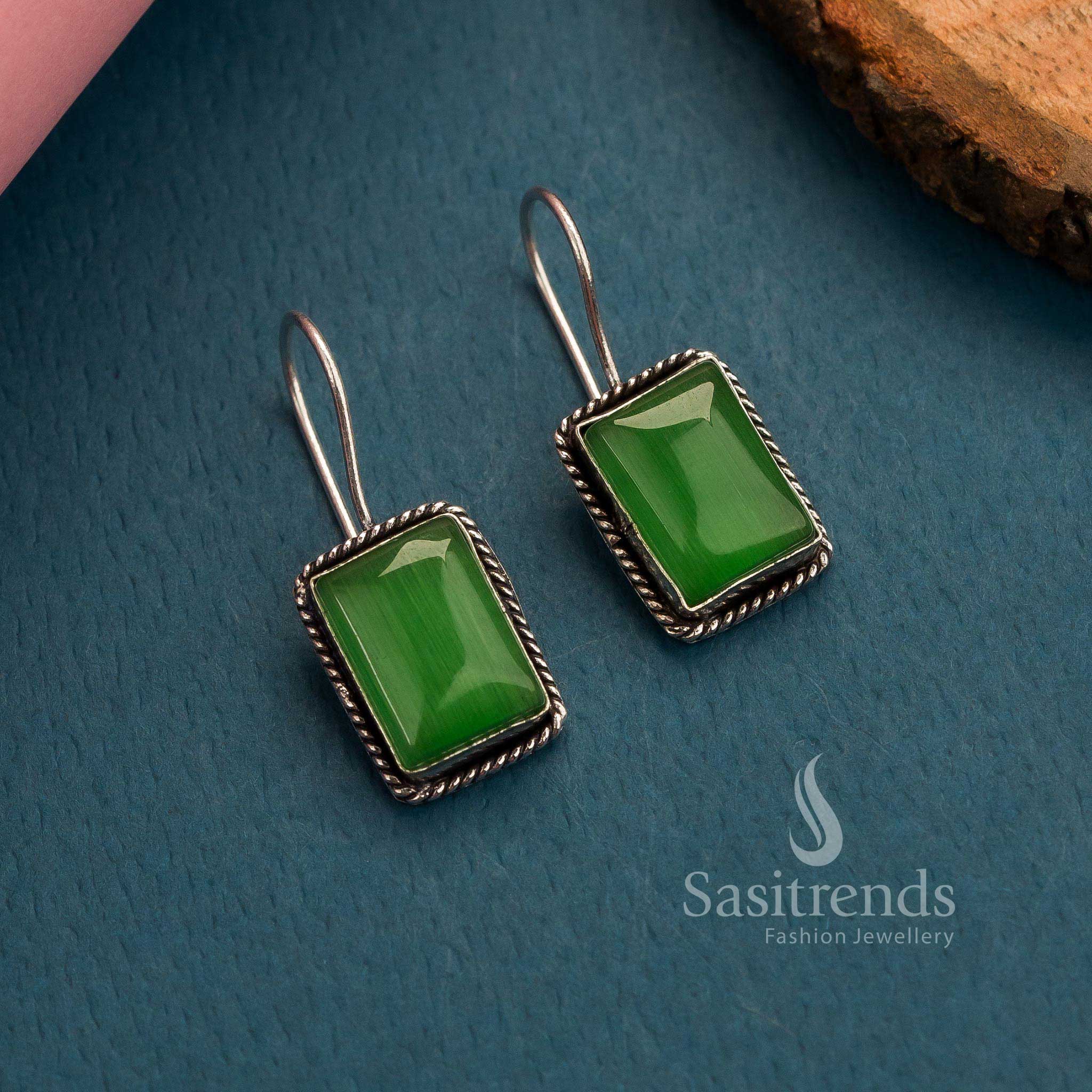 Rectangular Monalisa Stone Stud Earrings in Oxidized German