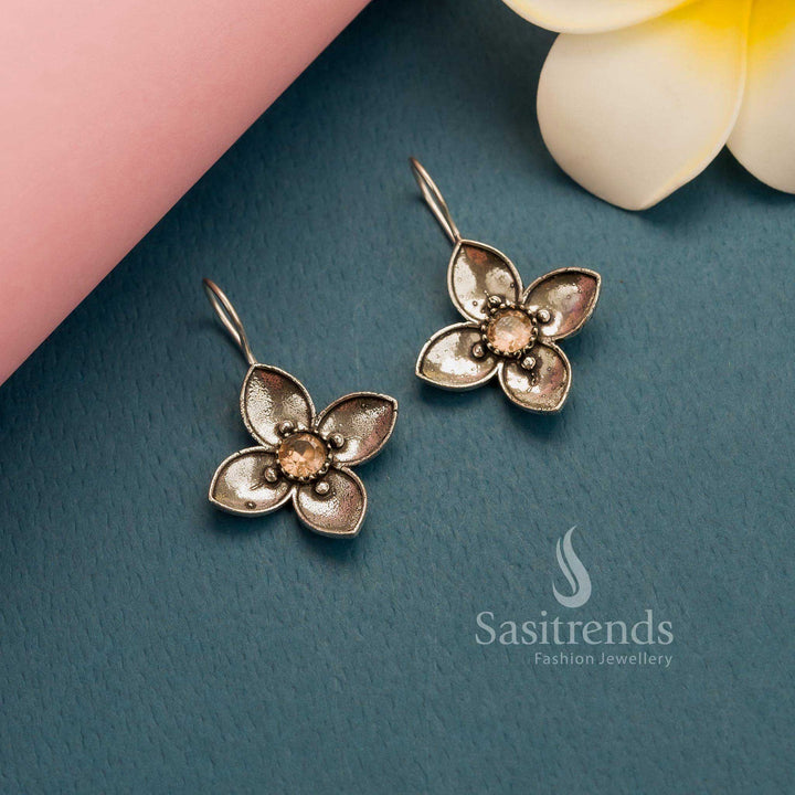 Soft peach oxidised silver AD stones floral fish hook earrings – Feminine Office Jewellery Accent – Sasitrends