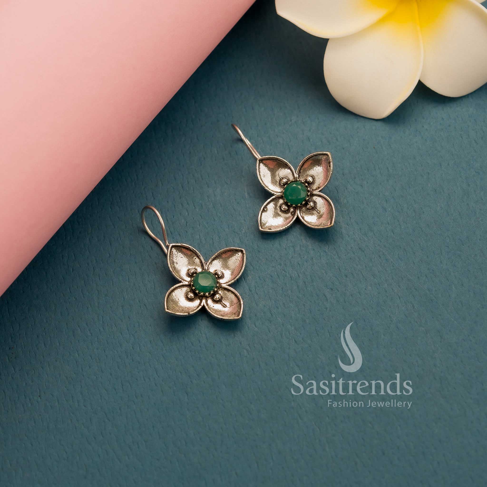 Elegant dark green oxidised silver floral AD stones fish hook earrings for professionals – Sophisticated Office Jewellery – Sasitrends