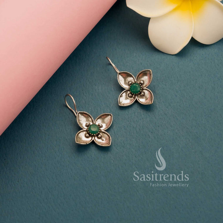 Elegant dark green oxidised silver floral AD stones fish hook earrings for professionals – Sophisticated Office Jewellery – Sasitrends