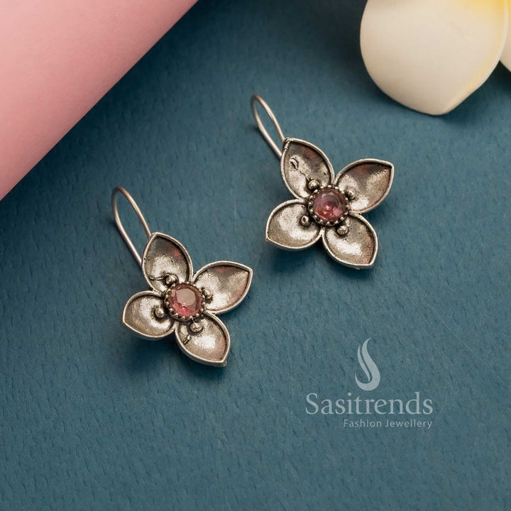 Radiant ruby oxidised silver floral AD stones fish hook earrings – Elegant Office Jewellery Statement – Sasitrends