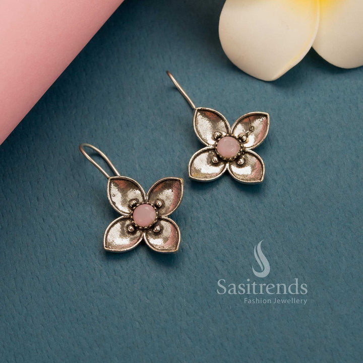 Graceful pink oxidised silver AD stones floral fish hook earrings – Feminine Office Wear Jewellery – Sasitrends