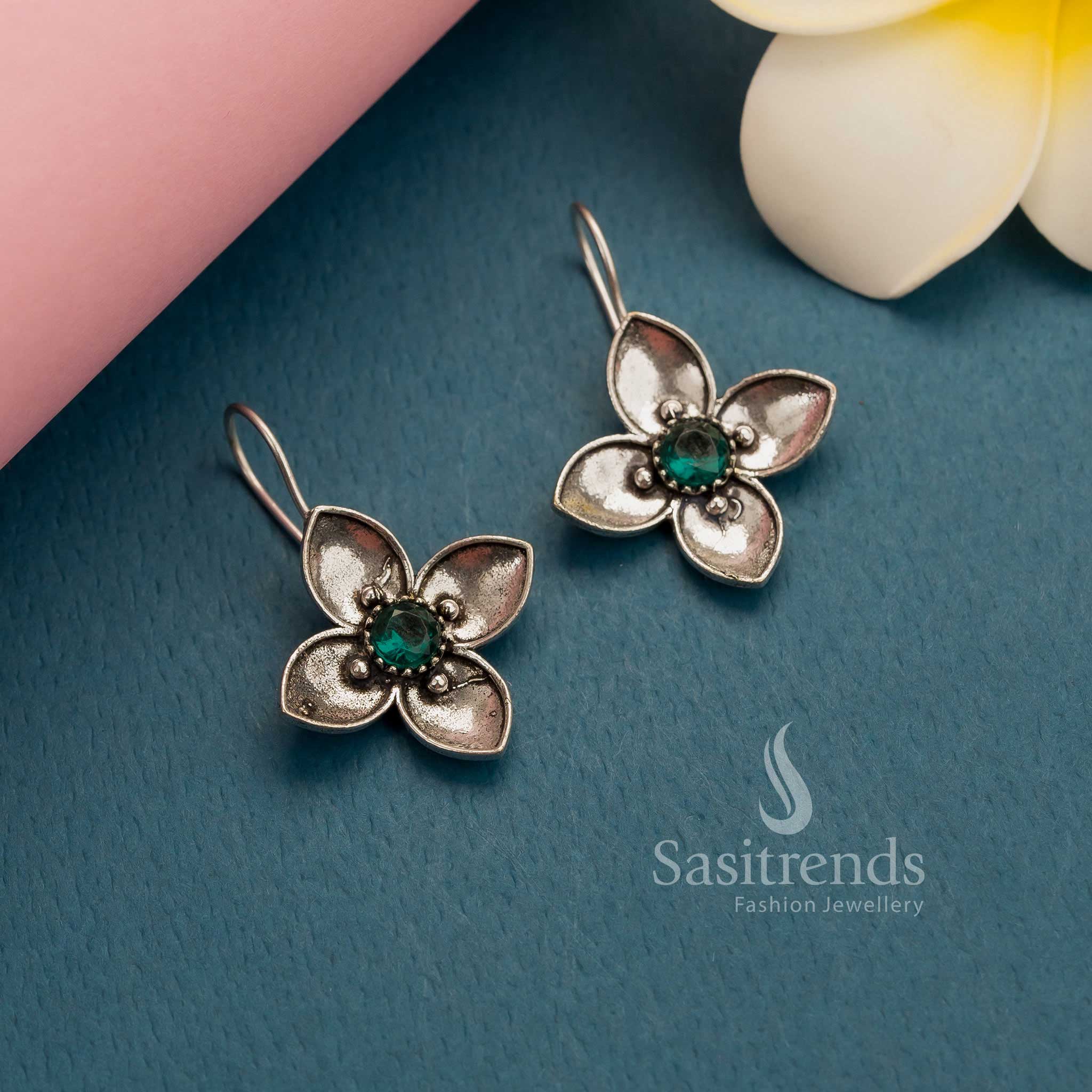 Vibrant hydro-green oxidised silver AD stones floral fish hook earrings – Energetic and Lively Office Jewellery Charm – Sasitrends
