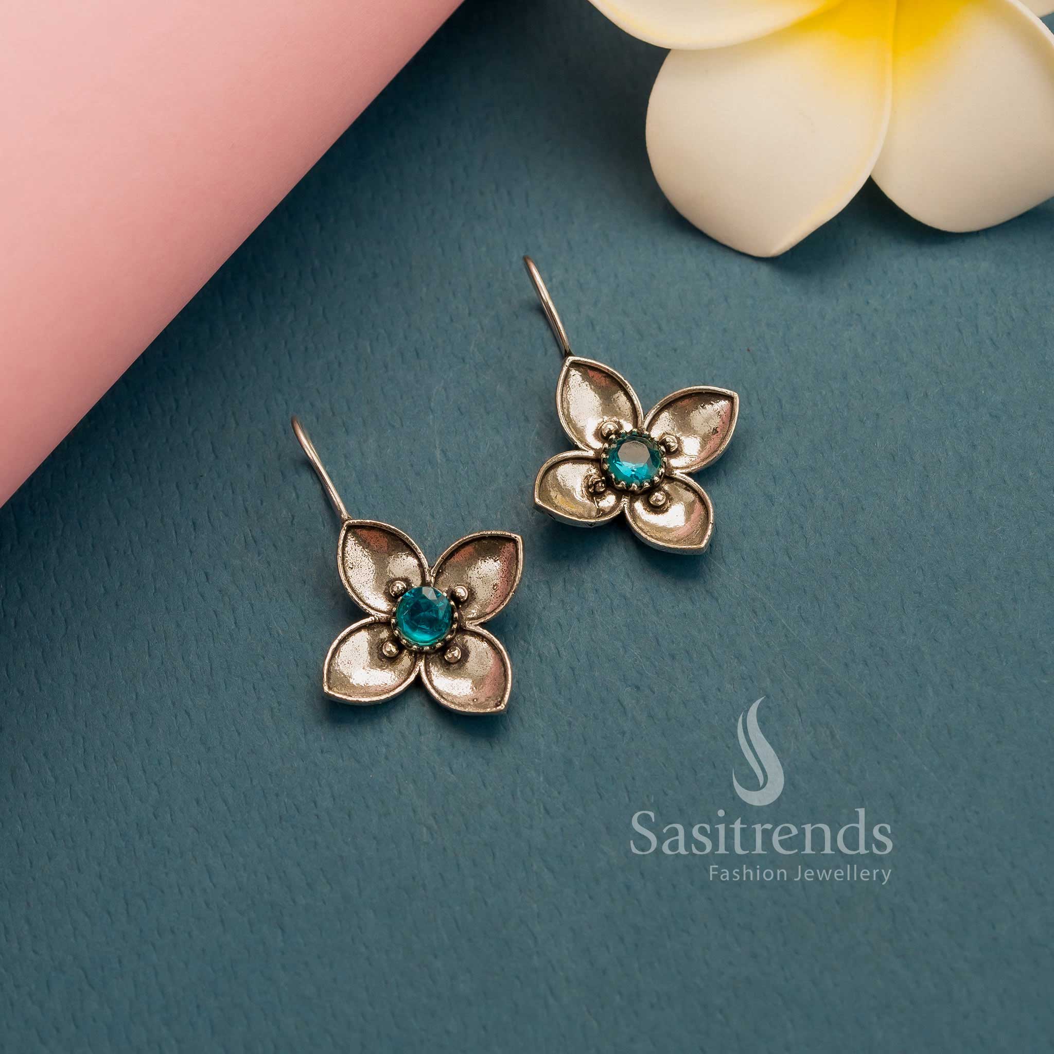 Elegant ocean-blue oxidised silver floral fish hook earrings with AD stones – Sleek Aqua Toned Workwear Jewellery – Sasitrends