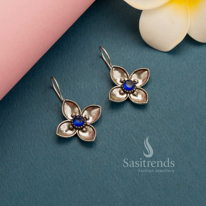Elegant blue oxidised silver AD stones floral fish hook earrings – Classic Office Jewellery Essential – Sasitrends