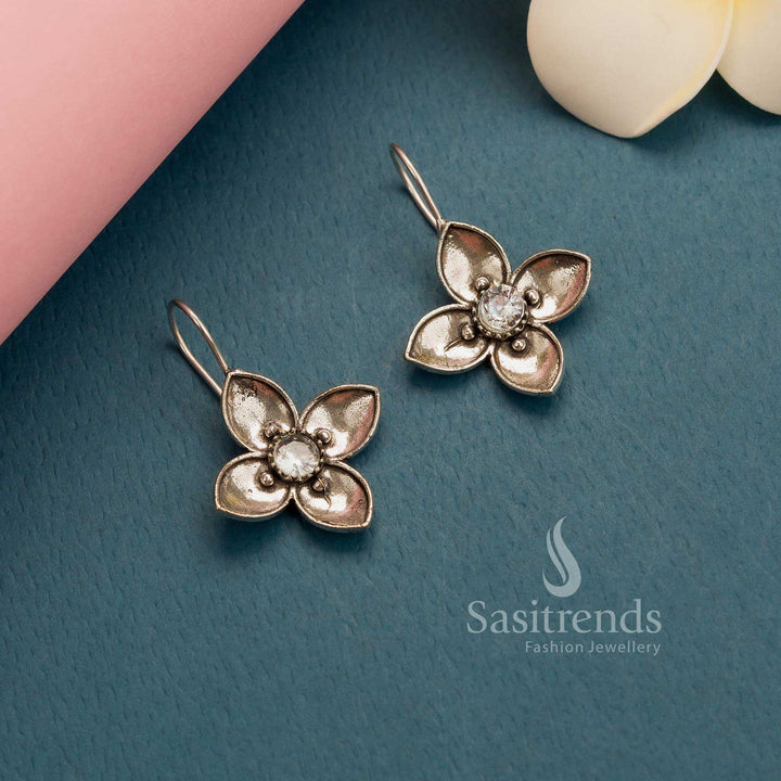 Elegant white oxidised silver floral AD stones fish hook earrings – Timeless Professional Jewellery – Sasitrends