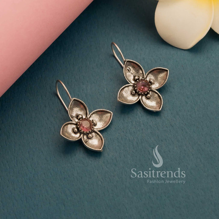 Classic ruby oxidised silver AD stones floral fish hook earrings – Timeless Professional Jewellery – Sasitrends