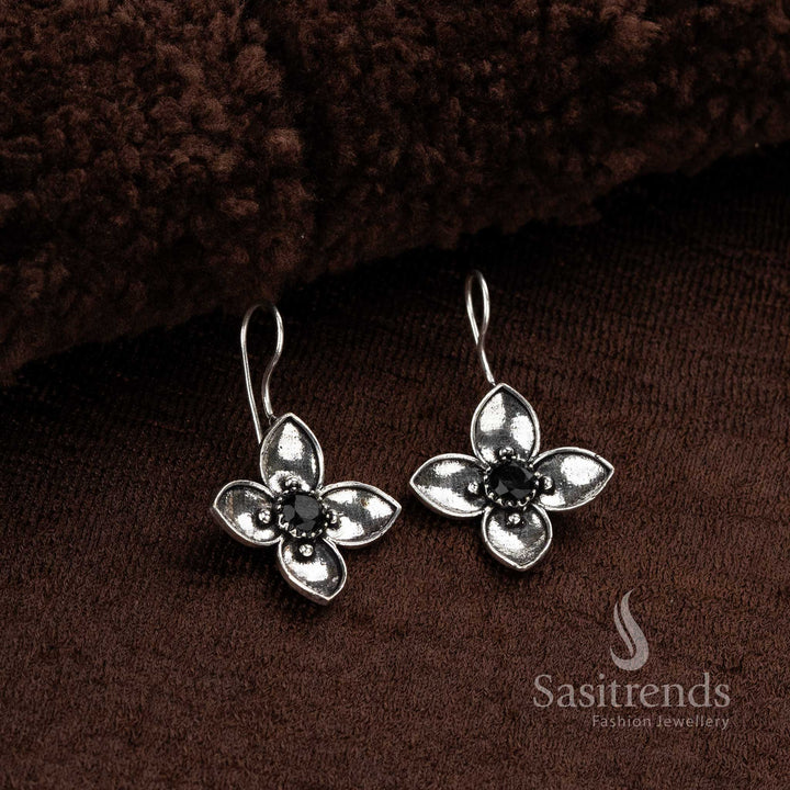 Chic black oxidised silver floral AD stones fish hook earrings – Minimalist Office Wear Jewellery Essential – Sasitrends