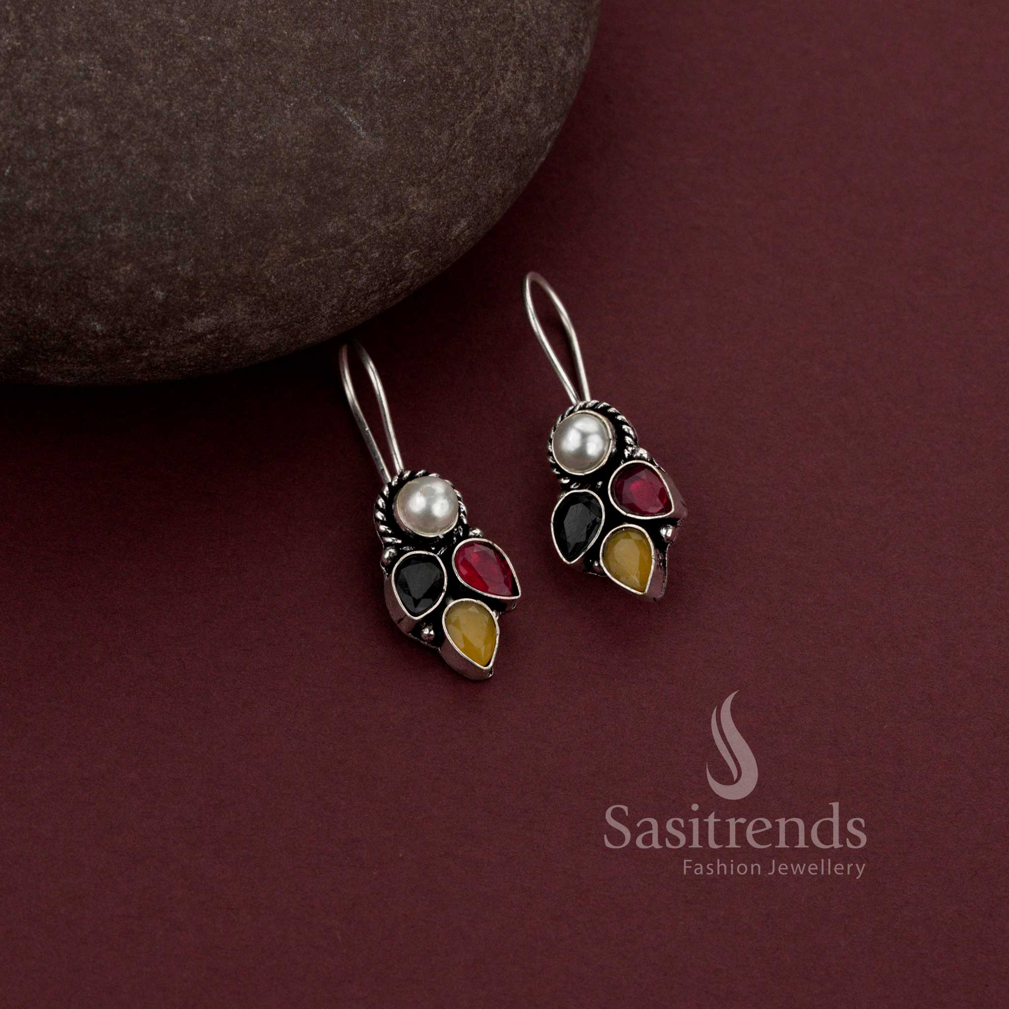 Bright Black Multi oxidised earrings with pearl and AD drops – trendy and cheerful work jewellery – Sasitrends