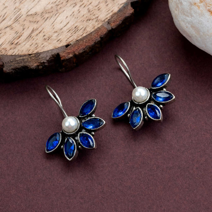 Charming blue oxidised earrings in a fish hook style with elegant AD stones and pearl hangings – perfect jewellery piece for stylish office outfits – Sasitrends