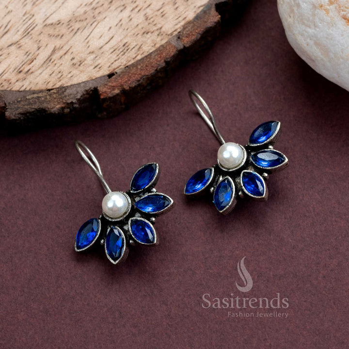 Bold blue AD stone oxidised fish hook earrings with pearl detailing and silver tone – striking fashion jewellery suited for daily and semi-formal looks – Sasitrends