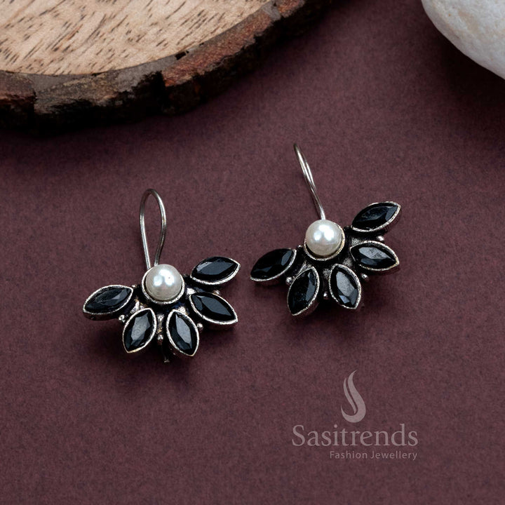 Bold black fish hook earrings in oxidised silver finish with dazzling AD stones and delicate pearl accents – ideal for office ensembles and semi-traditional jewellery styling – Sasitrends