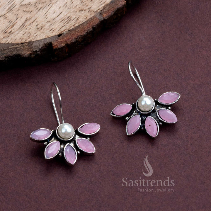 Chic pink stone oxidised fish hook earrings enhanced with pearl drops – a soft and stylish jewellery option for office and casual wear – Sasitrends