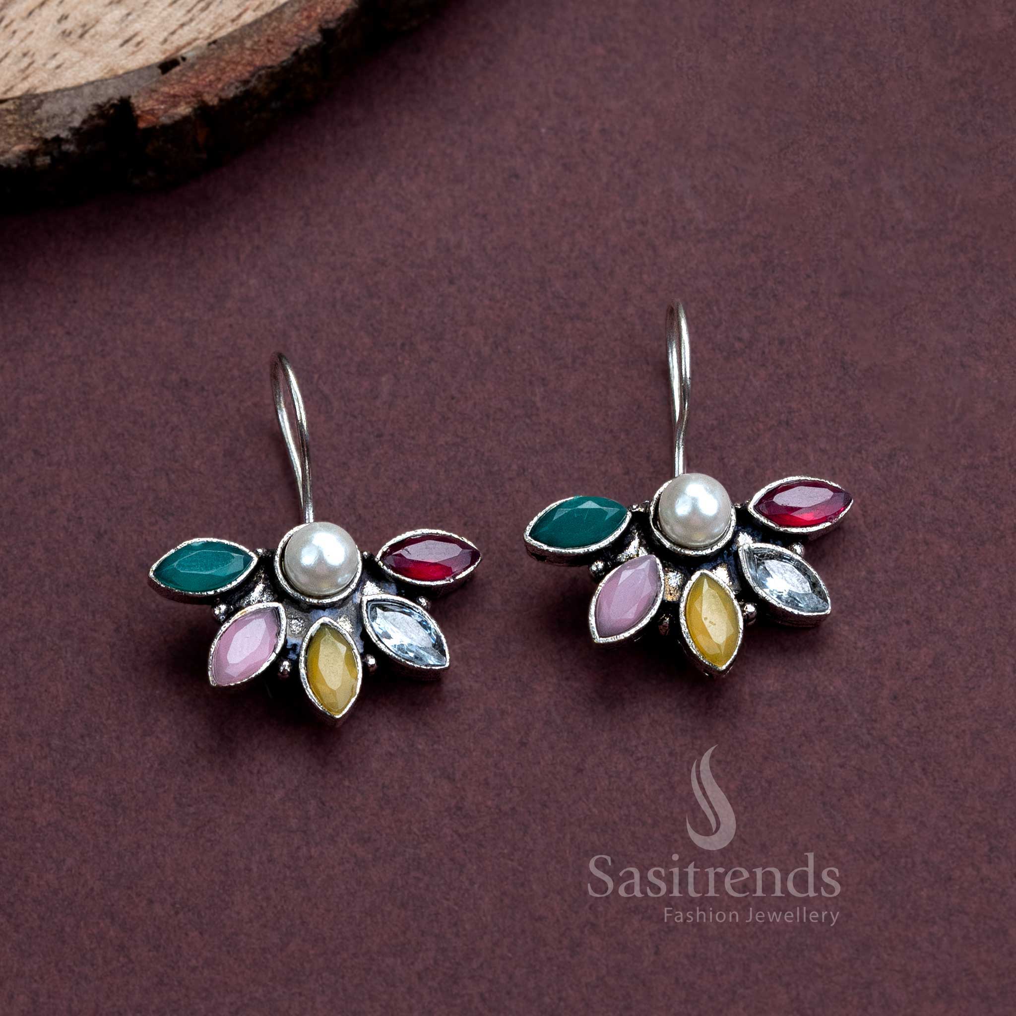 Vibrant multi-tone oxidised fish hook earrings with pearl danglings and AD stones – stylish fusion jewellery for women who love colour and elegance – Sasitrends